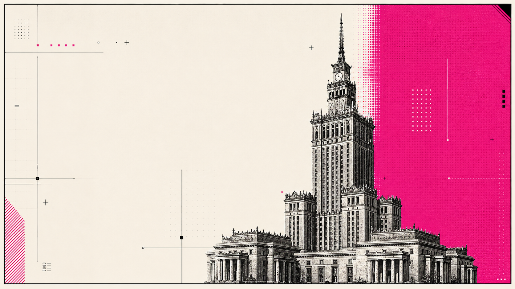 Editorial tech-week poster featuring only the Palace of Culture and Science in Warsaw on an off-white and magenta background